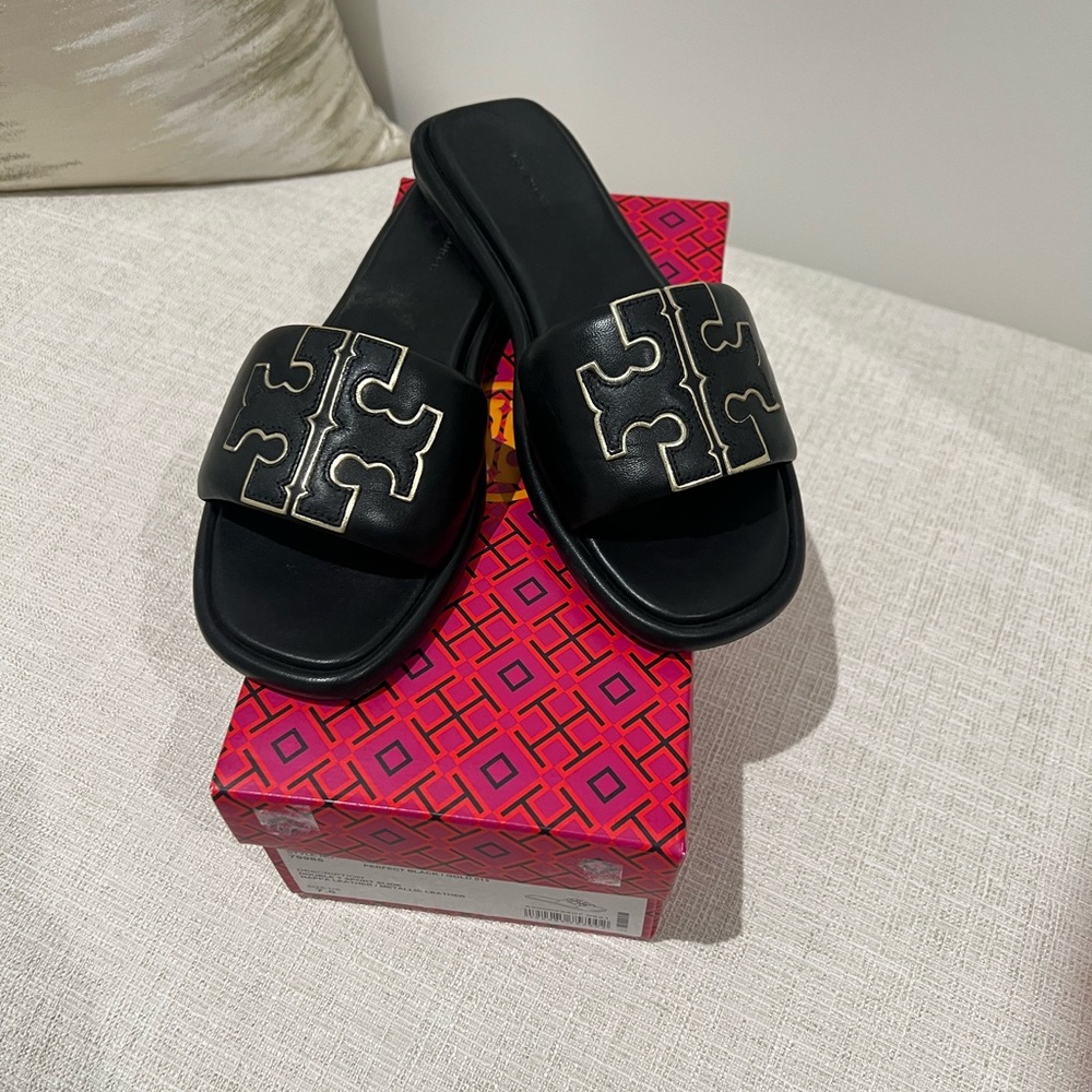 Tory Burch Black Slide Sandals with Gold Accents